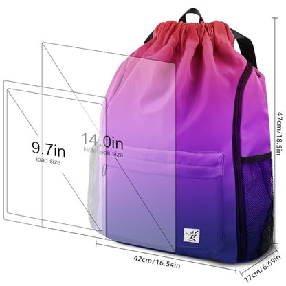 Drawstring Backpack with Mesh Pockets String Gym Bag Sackpack Sandproof Water Resistant Beach Backpack for Men Women - color: Gradient Purple
