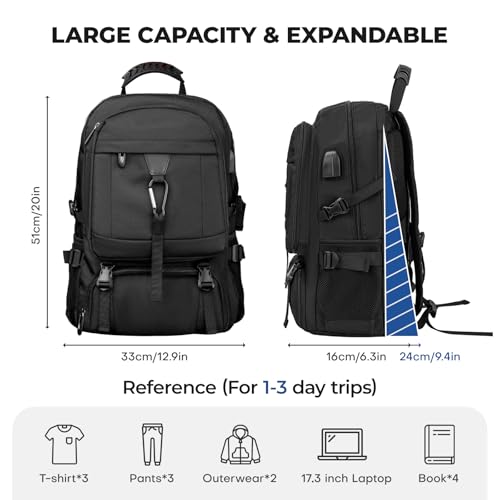 Large Travel Backpack for Men Women,Carry on Backpack with Shoe Compartment USB Charging Port,College Backpack,Bookbag fit 17.3 Inch Laptop for Business Hiking Camping (Fits 4.92-5.91 ft height) - size: 17.3 inch