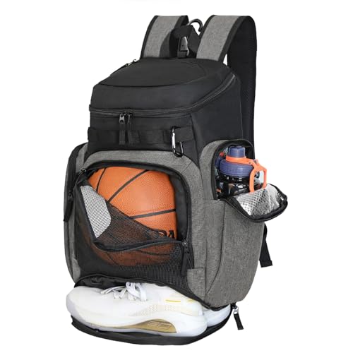 LARIPOP Basketball Backpack with Ball & Ventilated Shoe Compartment Insulated Pockets for Men Training - color: Light grey