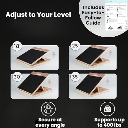 14″ Wide Premium Portable Wooden Slant Board, Thicker Bottom – Professional Adjustable Calf Stretching, Beginner & Rehab Friendly, Exercise Guide and Bonus Muscle Roller, Squats, Physical Therapy - color: Natural, size: 14x14 Inch