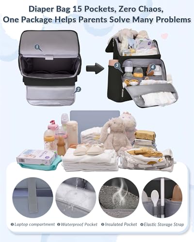 Diaper Bag Backpack, 15 Pockets Baby Bag, Girl Boy Travel Tote Bag with Insulated Pocket, Cute Diaper Bag Stroller Straps, Baby Shower & Registry Gift for Mom Dad Black - color: Black