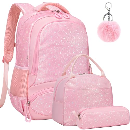 Girls Backpack for Elementary Kids School Bookbag Set Cute Unicorn Backpacks for Girls Water Resistant - color: Glitter Star Pink