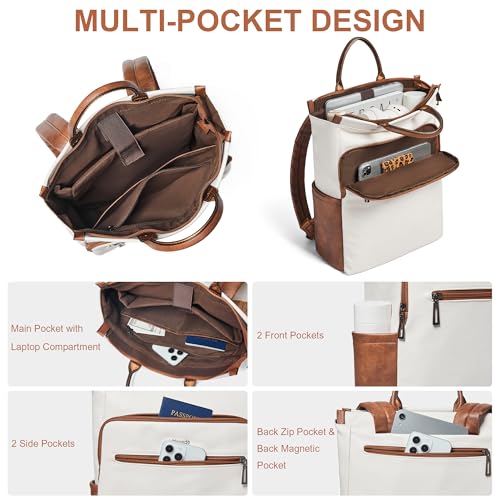 Leather Laptop Backpack for Women, Travel Backpack Purse Fits 15.6 Inch Laptop, Casual Daypack with Laptop Compartment for Men Teachers College Work Business Nurse Weekender, Black - color: 4-1 Beige