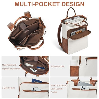 Leather Laptop Backpack for Women, Travel Backpack Purse Fits 15.6 Inch Laptop, Casual Daypack with Laptop Compartment for Men Teachers College Work Business Nurse Weekender, Black - color: 4-1 Beige