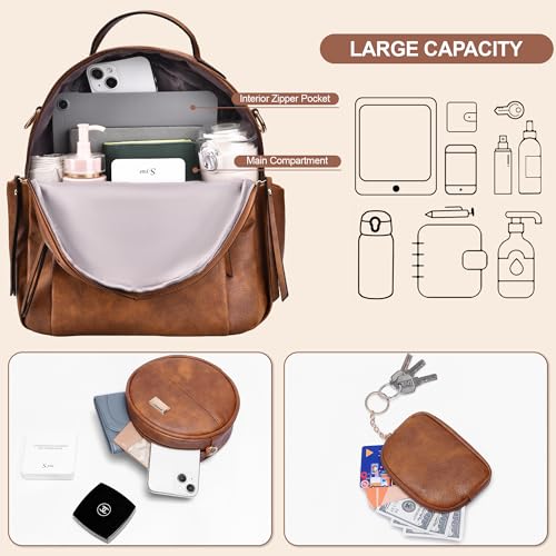 Small Backpack for Women Designer Leather Mini Backpack Purse Ladies Fashion Roomy Shoulder Handbag (Caramel-3) - color: Caramel-3