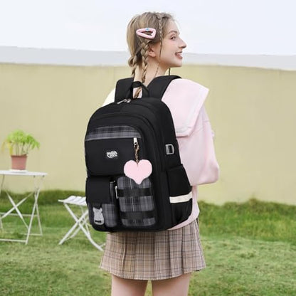 3PCS Student Backpack For School Women College Middle High Teen Girls Bookbag Waterproof Laptop Bag Plaid Black - color: Plaid Black