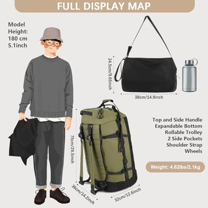29" 86L Foldable Wheeled Duffle Bag, Waterproof Travel Rolling Backpack with Quilted Bottom, Army Green - color: Green