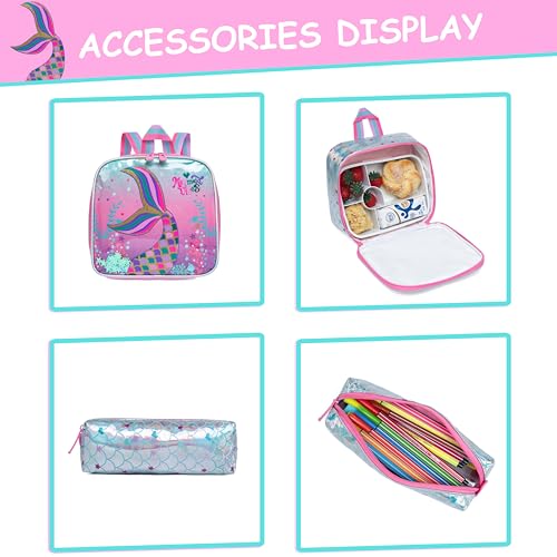 Mermaid Backpacks for Girls Backpack for School Elementary Students Kids Backpack with Lunch Box Cute Backpacks for School Girls 8-12 - color: Pink Blue Mermaid