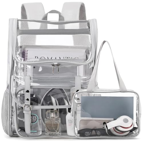 DIGOBAY Clear Backpack with Lunch Bag Set, Leather Clear Backpack Heavy Duty Thick PVC Bookbag Large See Through Transparent Backpacks with Support Pad for College Travel Workplace Security Gray - color: Grey