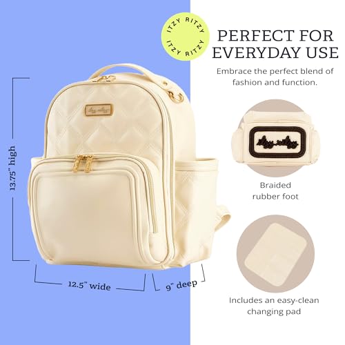 Itzy Ritzy Mini Diaper Bag Backpack – Chic, Compact Mini Plus Backpack with Changing Pad, 10 Pockets (6 Internal, 4 External), Grab-Top Handle & Rubber Feet (Milk & Honey) - color: Milk & Honey