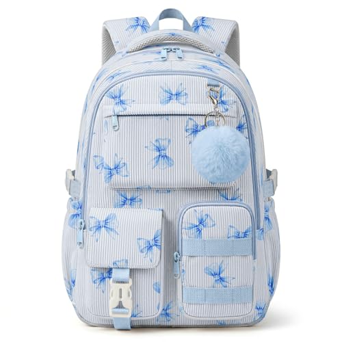 Corduroy Backpack for Teen Girls, Aesthetic Cute Blue Bow School Backpack with Multi-Pocket, Lightweight Bookbag Fits 15.6 Inch Laptop, Large Capacity Casual Daypack for School Travel - color: Blue Bow