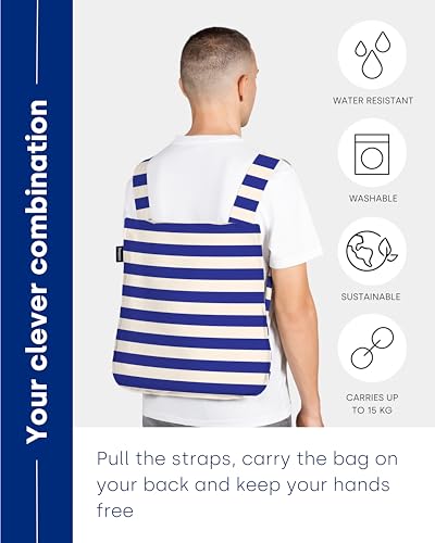 Notabag Original 2 in 1 Backpack and Bag – waterproof – reusable grocery bags – clever design for more flexibility - color: Navy Stripes