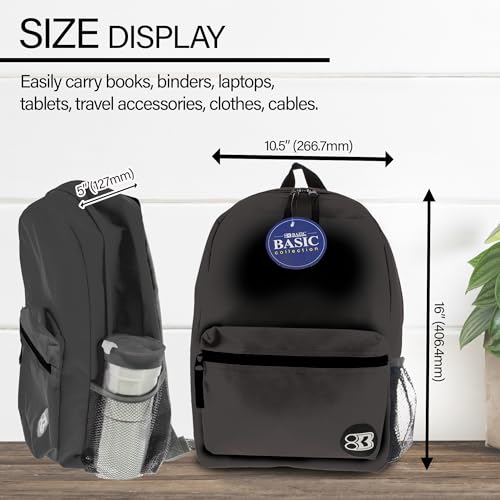 BAZIC School Backpack 16" Black, Lightweight School Bag Padded Back & Adjustable Strap for Students, Travel Bag Fit A4 Notebook, 1-Pack - color: Black, size: 16"