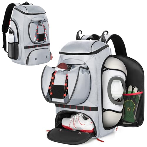 Smasrob Football Bag for Equipment with External Ball Holder, Insulated Pocket and Fence Hooks, Football Backpack for Youth and Adult - color: Grey