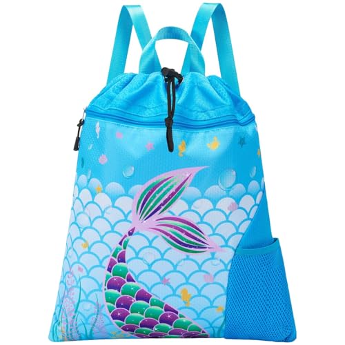 WAWSAM Gym Drawstring Backpack String Bag - 15” x 17” Sports Gym Bag for Kids Waterproof Swimming Beach Shopping Yoga Bag - color: Blue Mermaid