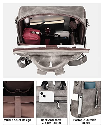 FADEON Leather Laptop Backpack for Women Designer 15.6 inch PU Laptop Bag, Ladies Travel Computer Work Backpack Grey - color: Charcoal Grey Retro Style