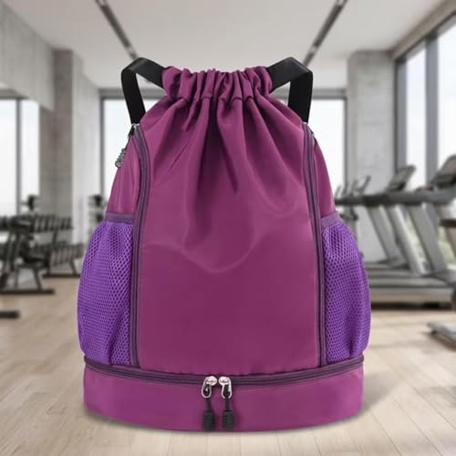Drawstring Gym Backpack Multipocket Sports Sack with Mesh Pockets | Adjustable Strap Double Zipper Design, Large Capacity Lightweight for Gym Swim Travel Camping Outdoor - color: Purple