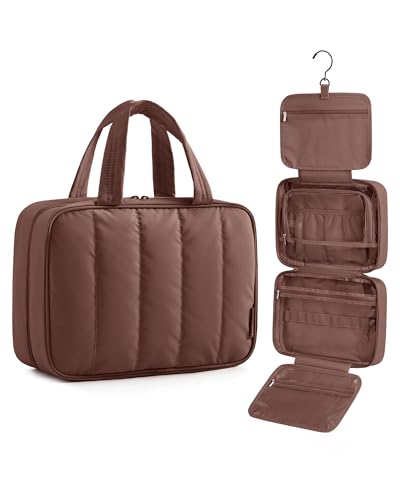 BAGSMART Travel Toiletry Bag for women, Portable Hanging Hook Makeup Bag Organizer, Waterproof Makeup Cosmetic Bag, for Full-Size Accessories, Toiletries,Coffee Brown - color: Coffee Brown