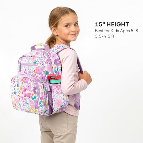 mibasies Kids Backpack for Girls 5-8: Water-Resistant School Bookbag for Kindergarten and Elementary - Flower Light Purple - color: Flower Light Purple, style: Kids-15"h