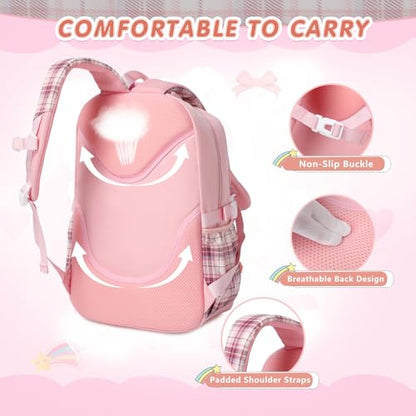 GeeWin School Backpack for Girls, Bookbags Back Pack School Bag for Teen Girl Elementary Middle School Student, Cute Stylish Plaid Girls Backpack with Matching Insulated Lunch Bag & Pencil Bag(Pink) - color: Pink