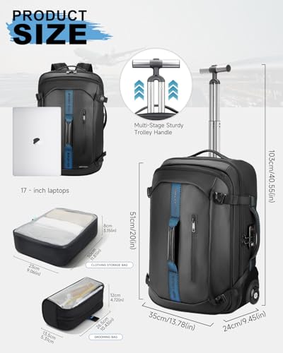 Backpack with wheels,Rolling laptop backpack with 2 Packing Cubes,Water-Resistant,Carry-On Luggage Suitcase for Men Adults to Travel, Commuting,Black - color: Black-one