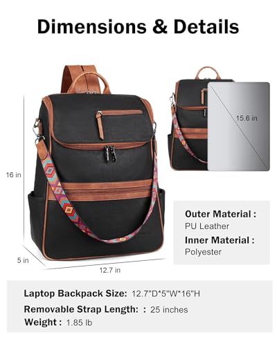 FADEON Laptop Backpack for Women Leather Travel Backpack with Laptop Compartment, Designer PU Shoulder Laptop Bag Black Brown - color: Retro Black With Brown