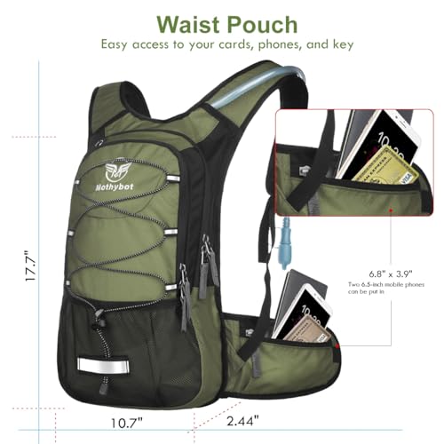Mothybot Hydration Pack, Insulated Hydration Backpack with 2L BPA Free Water Bladder and Storage, Hiking Backpack for Men, Women, Kids for Running, Cycling, Camping - Keep Liquid Cool up to 5 Hours - color: Olive