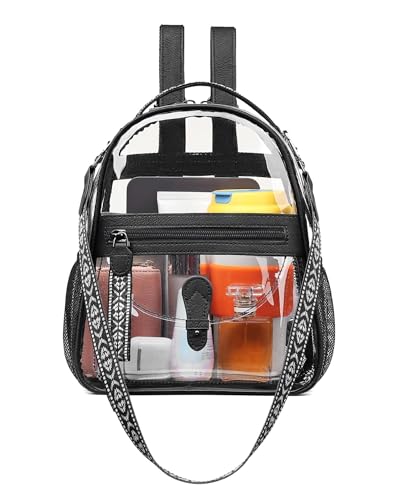 FADEON Clear Small Backpack Purse for Women, Designer Transparent Shoulder Handbag, PVC Mini Clear Bag for Stadium Approved - color: Black Retro Style