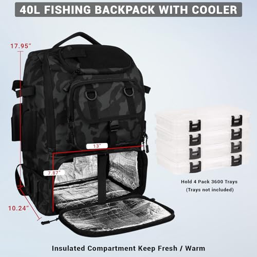 Fishing Backpack with Rod Holders,40L Large Water-resistant Fishing Tackle Bag with Cooler,Tackle Box Backpack