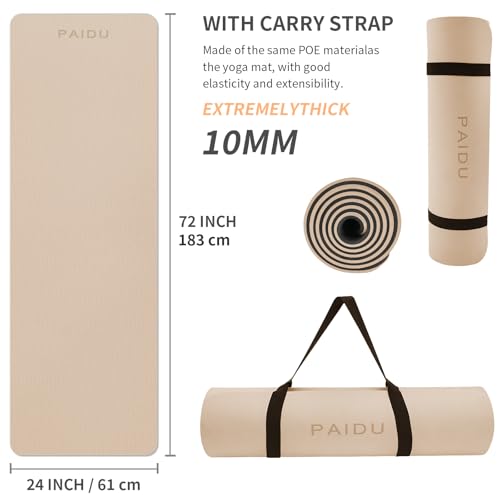 PAIDU Yoga Mat Non Slip Anti-tear,extra thick-2/5 inch（10MM）High Resiliency Professional POE Yoga Mats for Women Men Kids,72"x24"inch,Workout, Yoga, Pilates and Floor Exercise, with Carrier Strap - color: Beige+Black.