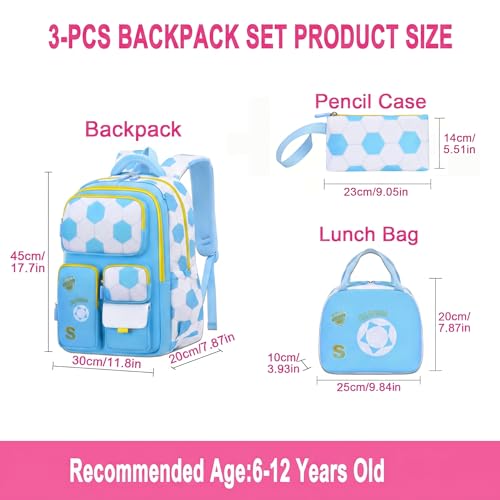 3PCS Kids Backpack Set, School Backpack with Lunch Bag & Pencil Case, Lightweight Waterproof Bookbag for Kids (Blue soccer) - color: Blue Soccer