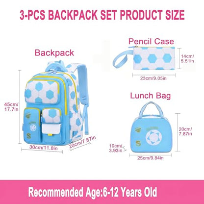 3PCS Kids Backpack Set, School Backpack with Lunch Bag & Pencil Case, Lightweight Waterproof Bookbag for Kids (Blue soccer) - color: Blue Soccer