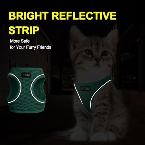 Fida Cat Harness and Leash Set for Walking Kitten and Puppy, Escape Proof Kitten Harness with Breathable Lightweight Soft Mesh, Adjustable Reflective Step-in Design. (XXS, Green) - color: Turquoise, size: XXS (Neck:11.4"-12.2"; Girth:12.6"-14.2")