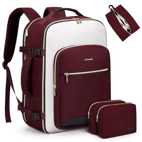 LOVEVOOK 40L Large Travel Backpack for Women Men, 17 Inch Carry on Backpack for Traveling on Airplane, Personal Item Travel Bag Airline Approved, Business Causal Weekender Backpacks - color: Burgundy-beige-black, size: 40L-17.3 Inch-4Pcs