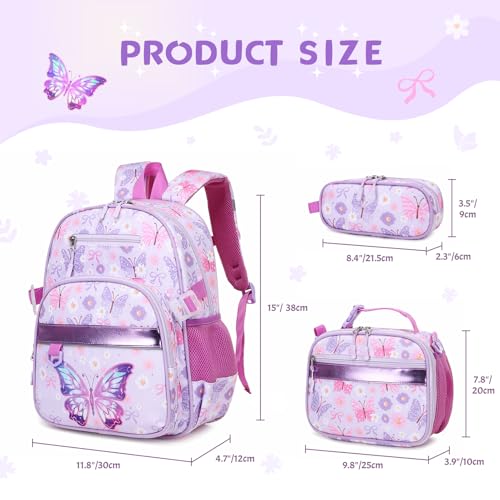 Toddler Backpack for Girls Ages 5-8, 3PCS Girls Backpack with Lunch Bag & Pencil Case - 15inch Kids School Bookbag for Preschool Kindergarten Elementary School (Butterfly) - color: Butterfly