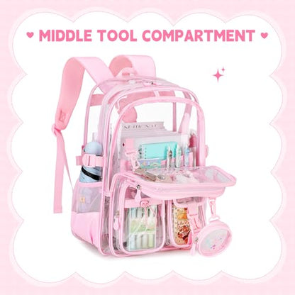Clear Backpack for Girls School Clear Bookbag Stadium Events Heavy Duty Transparent Back Pack, Pink - color: Pink