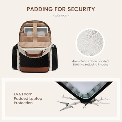 LOVEVOOK Laptop Backpack for Women with Pouch Pocket for Large Capacity Cup,18 Inch Teacher Nurse College Work Travel Backpack Purse,Waterproof Laptop Computer Bags,Beige-Black-Brown+Diamond-shaped - color: Beige - Black - Chestnut Brown + Diamond-shaped,