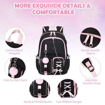 Backpacks for Girls, Girls Backpack with Lunch Box and Pencil Case for Teen Kids Elementary Middle High School College Student, Children Backpack Bookbag with USB Charging Port (Black Pink with Chain) - color: Black & Pink With Chain