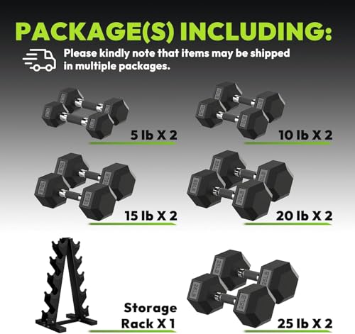 HANDBODE Hex Dumbbell Sets with Rack, 100-165 lb Rubber Encased Dumbbells for Strength Training, Exercise & Fitness, Home Gym Weight Set with Rack - style: 150 lb (5, 10, 15, 20, 25 lb) X 2 & Rack