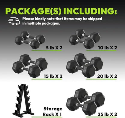 HANDBODE Hex Dumbbell Sets with Rack, 100-165 lb Rubber Encased Dumbbells for Strength Training, Exercise & Fitness, Home Gym Weight Set with Rack - style: 150 lb (5, 10, 15, 20, 25 lb) X 2 & Rack
