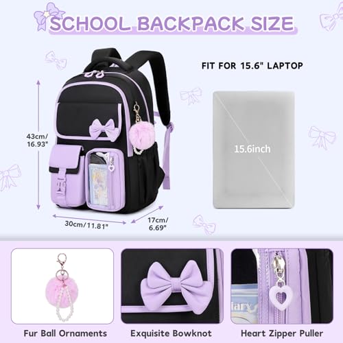 Girls Backpack, School Backpack for Girls, Cute Bow Kids Bookbag for Grils Children Teens for Elementary Middle High School Student, Black Purple - color: Black Purple