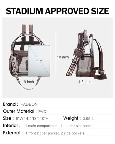 FADEON Clear Small Backpack Purse for Women, Designer Transparent Shoulder Handbag, PVC Mini Clear Bag for Stadium Approved - color: Coffee Brown Retro Style