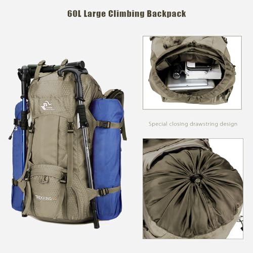 Bseash 60L Waterproof Hiking Camping Backpack with Rain Cover, Large Outdoor Sport Travel Daypack Rucksack for Climbing - color: Greyish Green