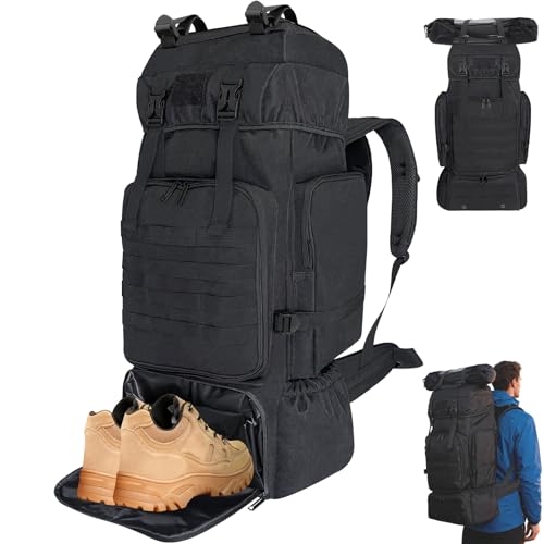 70L Hiking Backpack for Men Women Camping bag with Shoe Compartment Large Military Tactical Backpack, MOLLE Rucksack Sport Travel Backpacking Daypack (Black) - color: 70l Black-sc