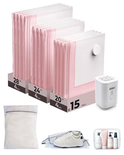 BAGSMART Vacuum Seal Storage Bags for Clothing Travel, 15 Pack Travel Essentials Bundle includes Laundry Bag & Waterproof Shoe Bag & TSA Approved Toiletry Bag, Hand Pump Included - color: Pink, size: 15 Combo Travel