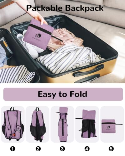 Folding Hiking Backpack with Phone Pocket for Men Women, Small Ultralight Packable Casual Daypack with Shoulder Chest Straps for Travel, 15L Foldable Lightweight Day Pack, Purple - color: Purple
