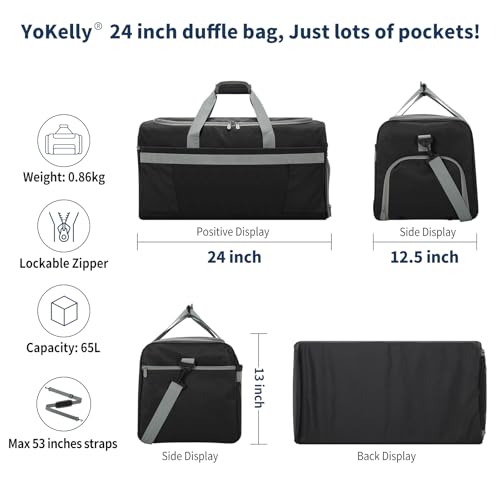 Men's 65L Gym Bag with Wet Pocket and Shoe Compartment- 24"x12.5"x13" Large Sports Duffle Bag for Gym Travel - Black - color: Black