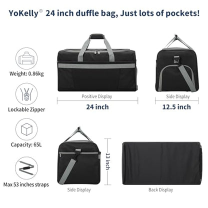 Men's 65L Gym Bag with Wet Pocket and Shoe Compartment- 24"x12.5"x13" Large Sports Duffle Bag for Gym Travel - Black - color: Black