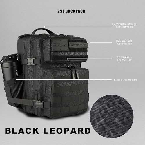 WOLFpak 25L Athletic Gym Backpack - Durable 1000D Waterproof Oxford Material with MOLLE Webbing, Laptop Pocket - color: Black Leopard