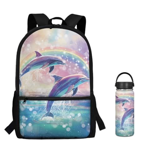 ZOUTAIRONG Rainbow Dolphins School Bags and Mini Water Bottle Large Capacity Bookbags Set Casual Backpack with Side Pockets for Small Thermos - color: Rainbow Dolphins